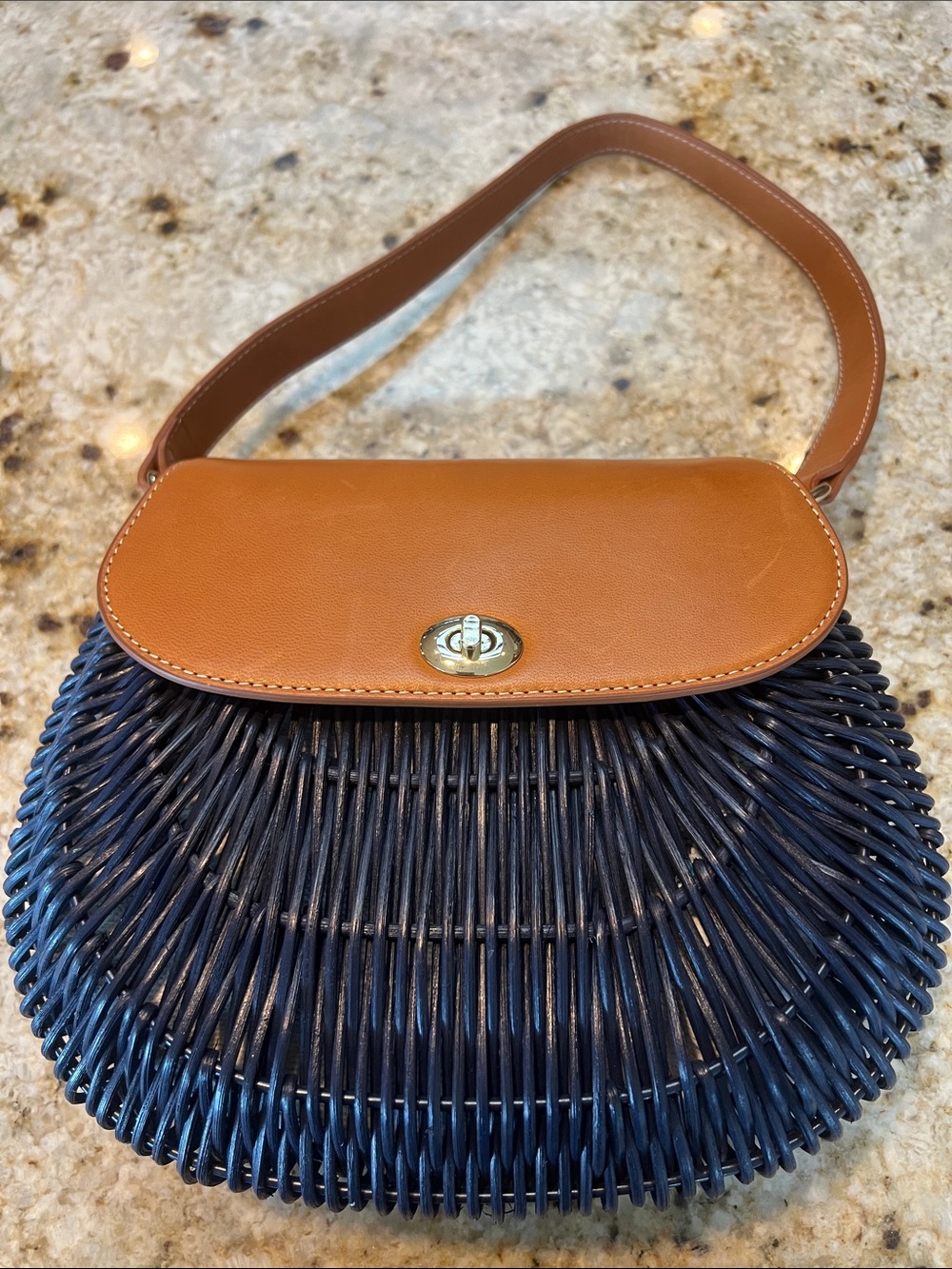BEAUTIFUL  J. McLaughlin NAVY Wicker Shoulder Bag w brown leather strap - Picture 2 of 11